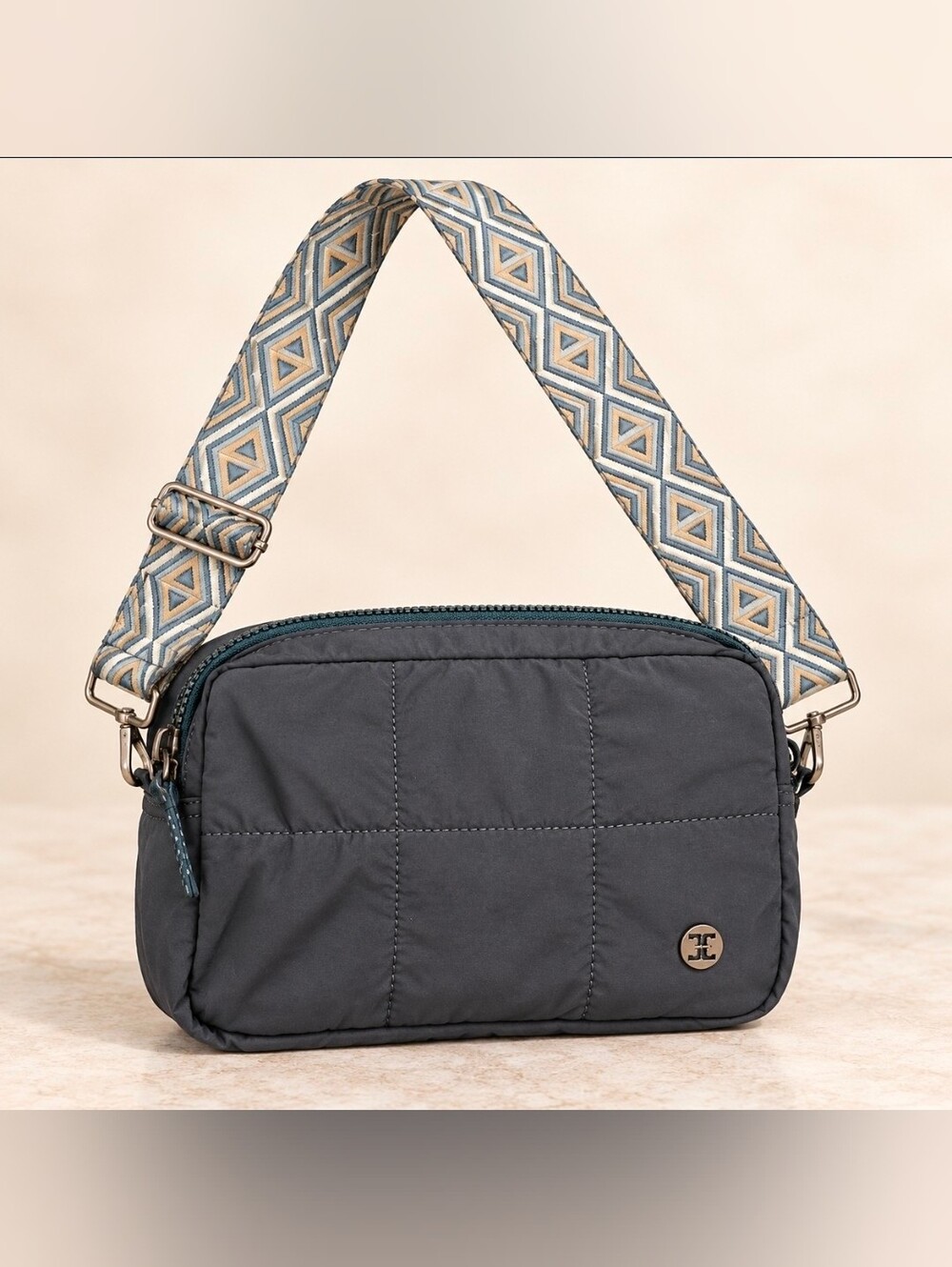 Charcoal Gray Quilted Nylon Crossbody Bag Geometric Adjustable 60" Strap